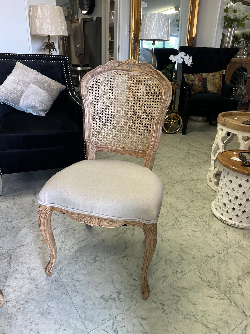 French Provincial Oak Rattan Back Dining Chair Beige Linen