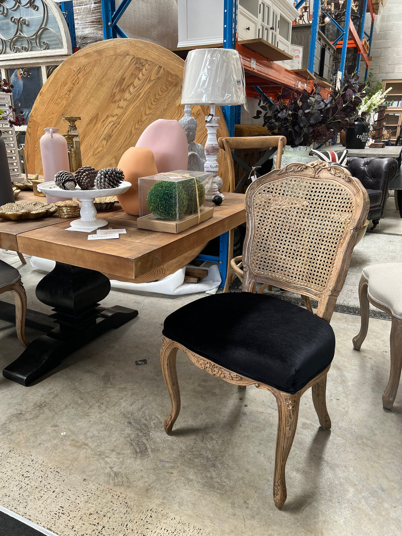 French Provincial Oak Rattan Back Dining Chair Black Velvet