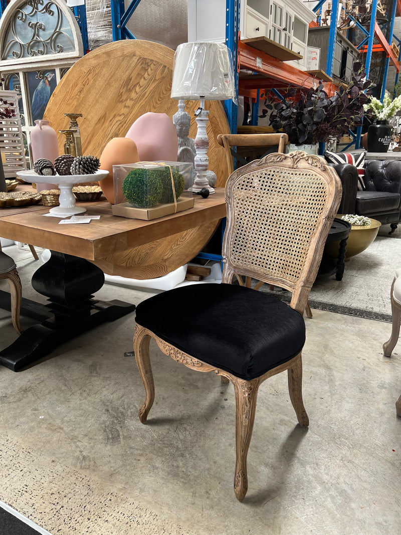 French Provincial Oak Rattan Back Dining Chair Black Velvet