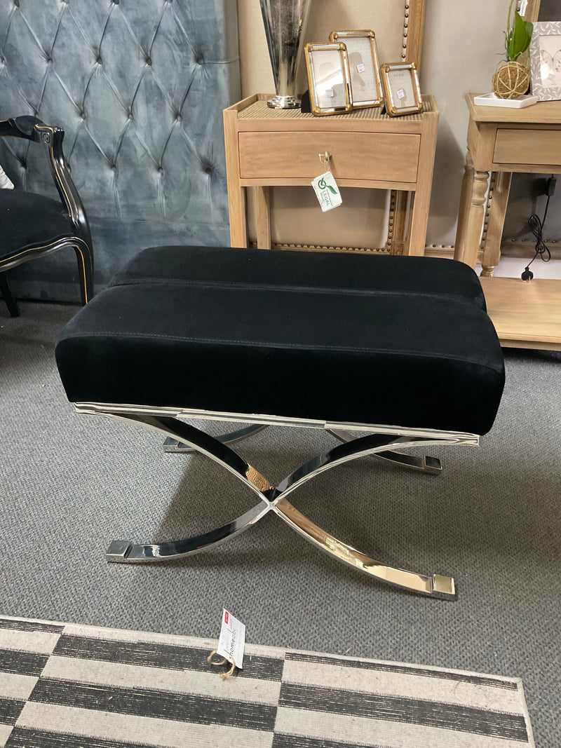 Ottoman / Stool with Stainless Steel  Cross Base Black Velvet