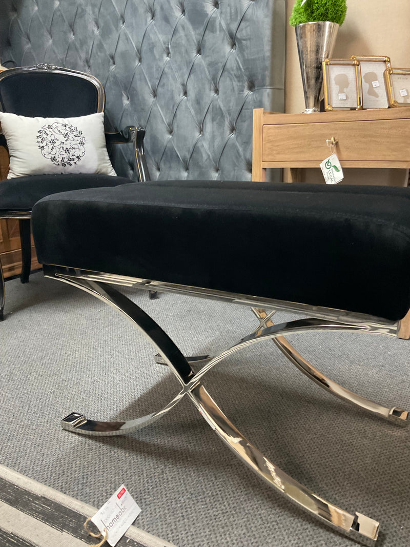 Ottoman / Stool with Stainless Steel  Cross Base Black Velvet