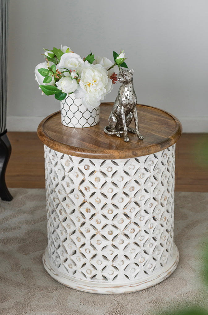 Square Design Jali Cutting Side table White base- Small