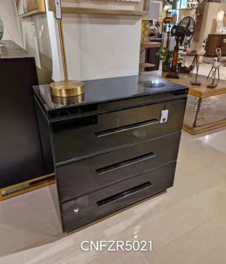 MERCURY BLACK GLASS AND ANTIQUE BRASS HARDWARE 3 DRAWER CHEST