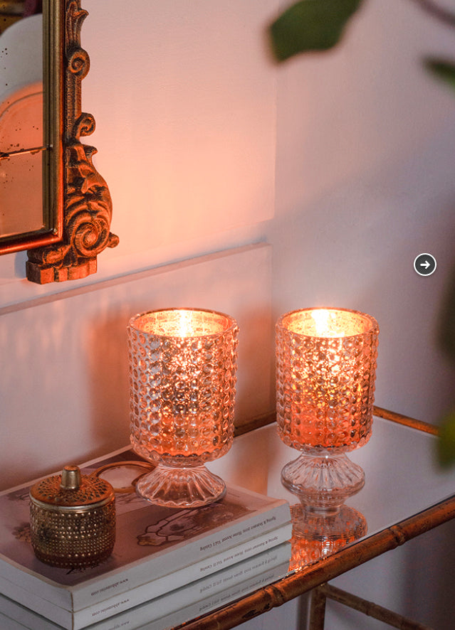 Hobnail Glass Hurricane/Rose Gold Mercury Interior