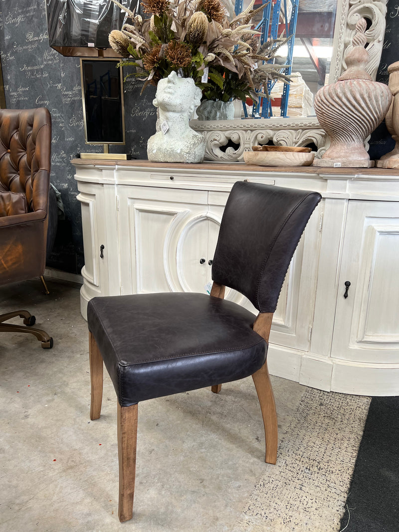 Top Grain Leather French Dining Chair /Oak Legs - Black