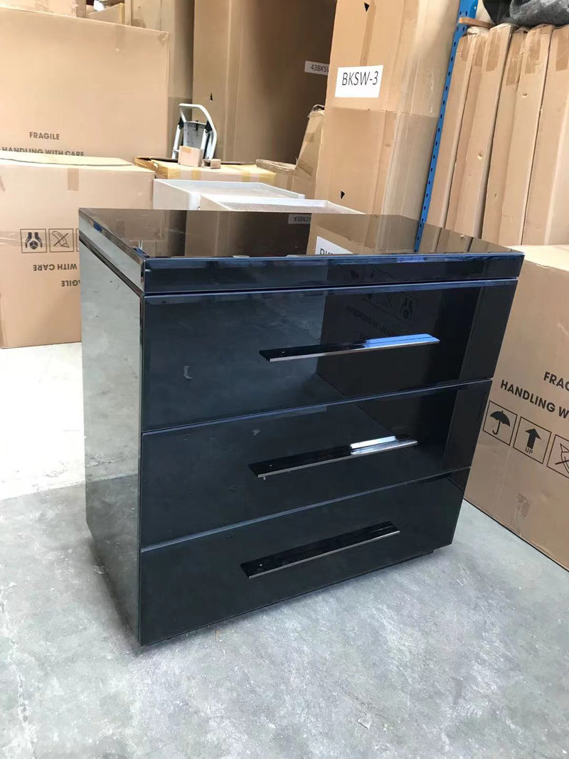 MERCURY BLACK GLASS AND ANTIQUE BRASS HARDWARE 3 DRAWER CHEST