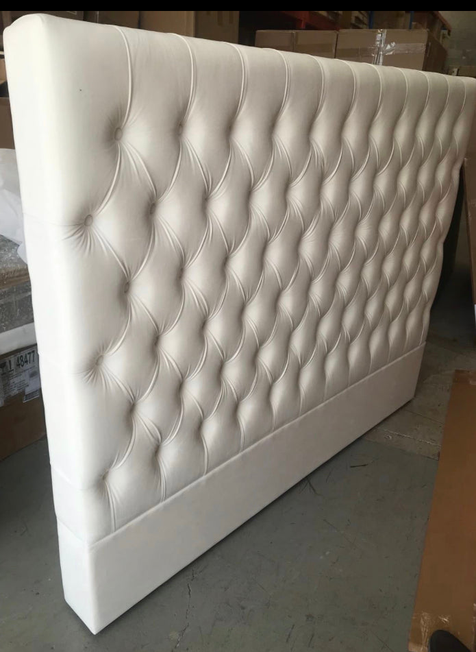 King/ Buttoned Pearl White Velvet 150cm H Headboard