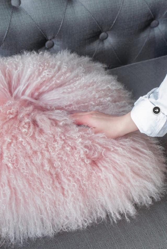 Pink Lamb Fur Cushion Feather Filled