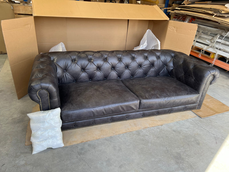 Top Grain Leather Chesterfield 3 Seater Sofa- Black