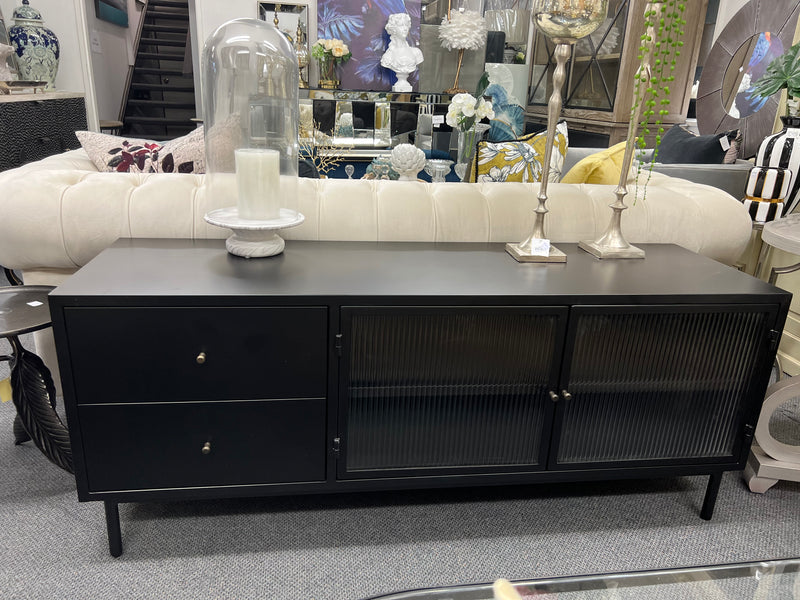 Zoie Industrial Loft Glass / Black Iron TV Table