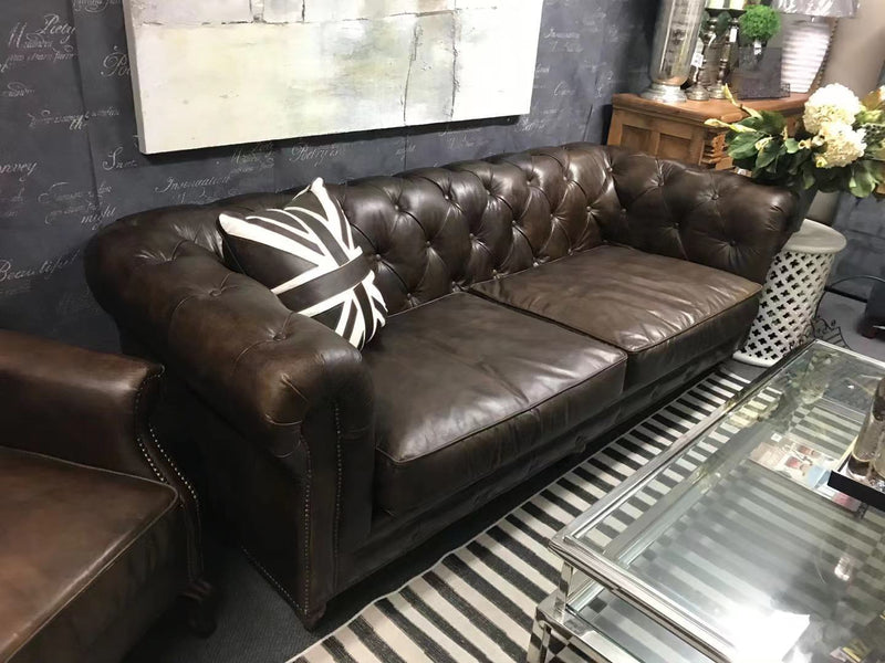 Top Grain Leather Chesterfield 3 seater in Vintage Brown