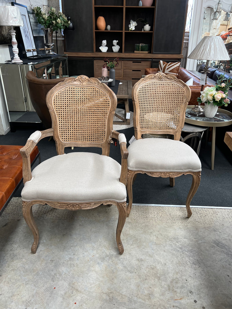 French Provincial Oak Rattan Back Dining Arm Chair