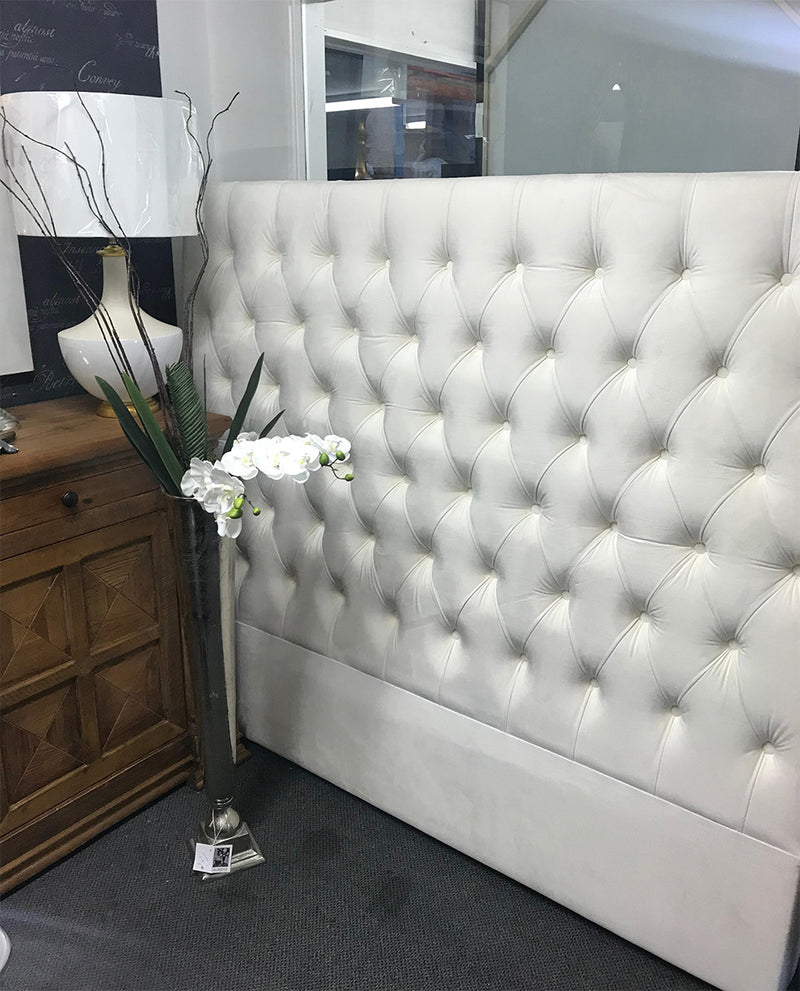 King/ Buttoned Pearl White Velvet 150cm H Headboard