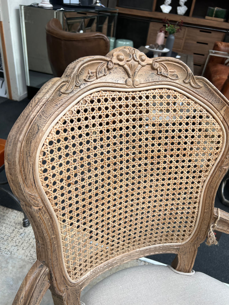 French Provincial Oak Rattan Back Dining Arm Chair