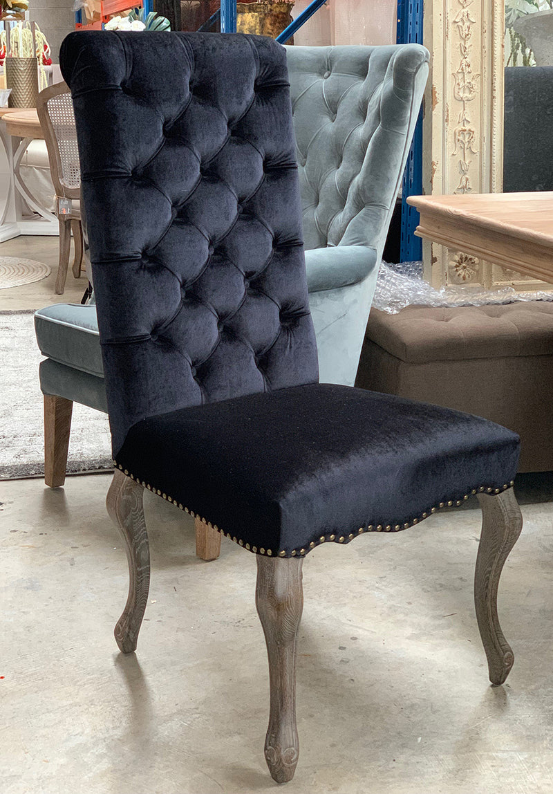 Avignon French Country Tufted Back Oak Black Velvet Dining Chairs