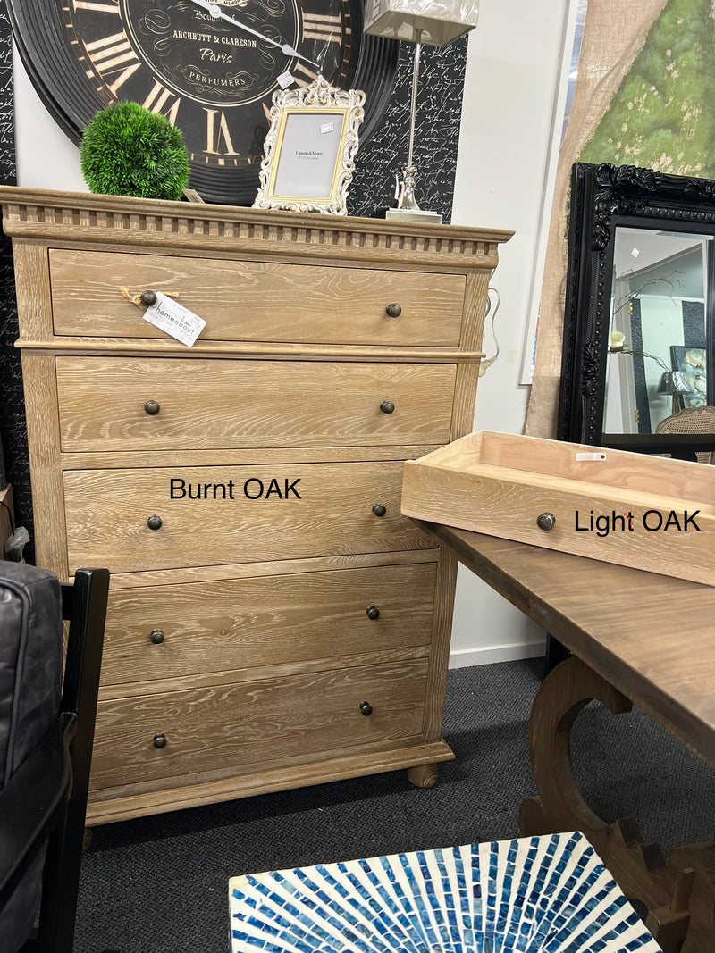 Maison French country Oak Natural 5 Drawer Dresser- Burnt OAK