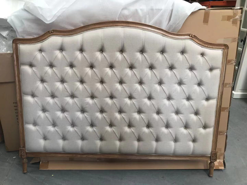 Queen/ French Villa Beige Linen Buttoned Headboard Oak frame