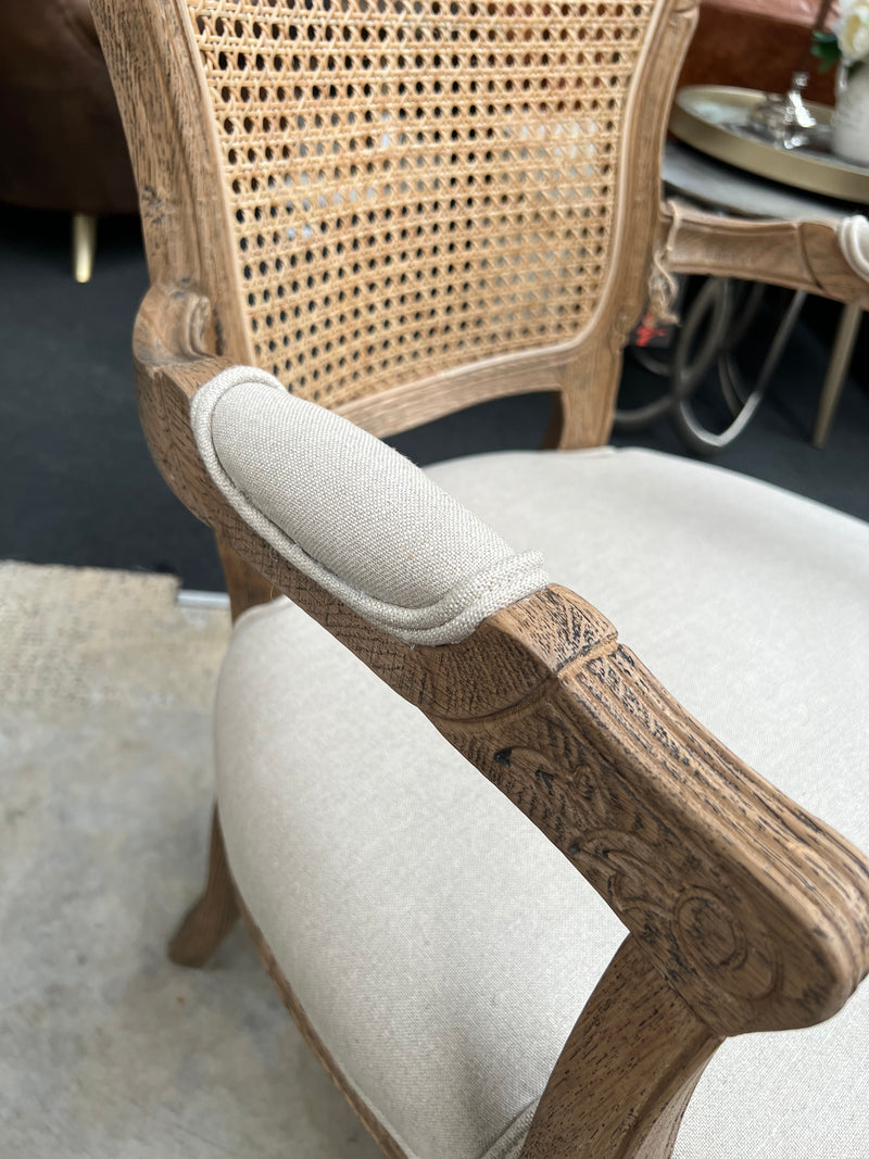 French Provincial Oak Rattan Back Dining Arm Chair