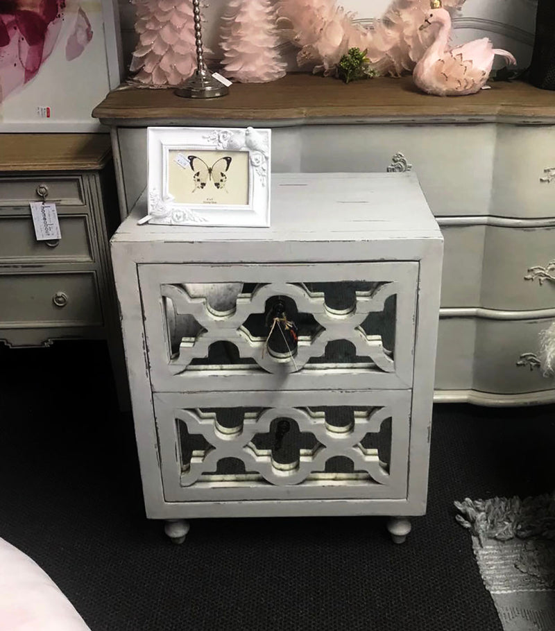 White 2 Drawer Bedside with Antique mirror face