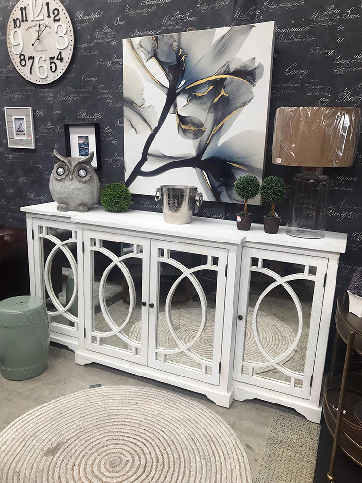 Distressed 2.08M Cabinet with Antique Mirror Panelled Door/Antique White
