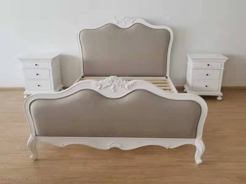 French Country Upholstered Queen Size Bed+ 2 Bedside Table