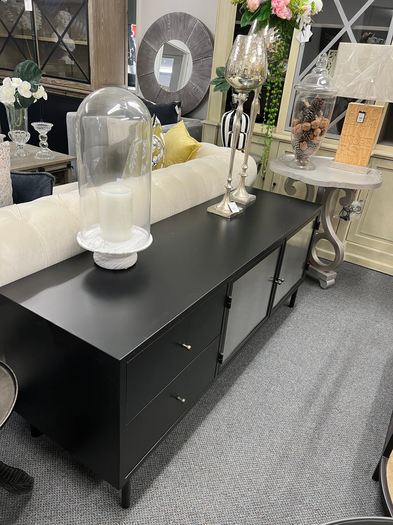 Zoie Industrial Loft Glass / Black Iron TV Table