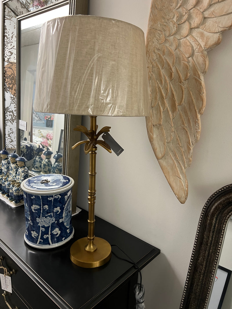 GA2008 PALM TABLE LAMP WITH SHADE (LAMP – ANTIQUE BRASS / SHADE - NATURAL LINEN)