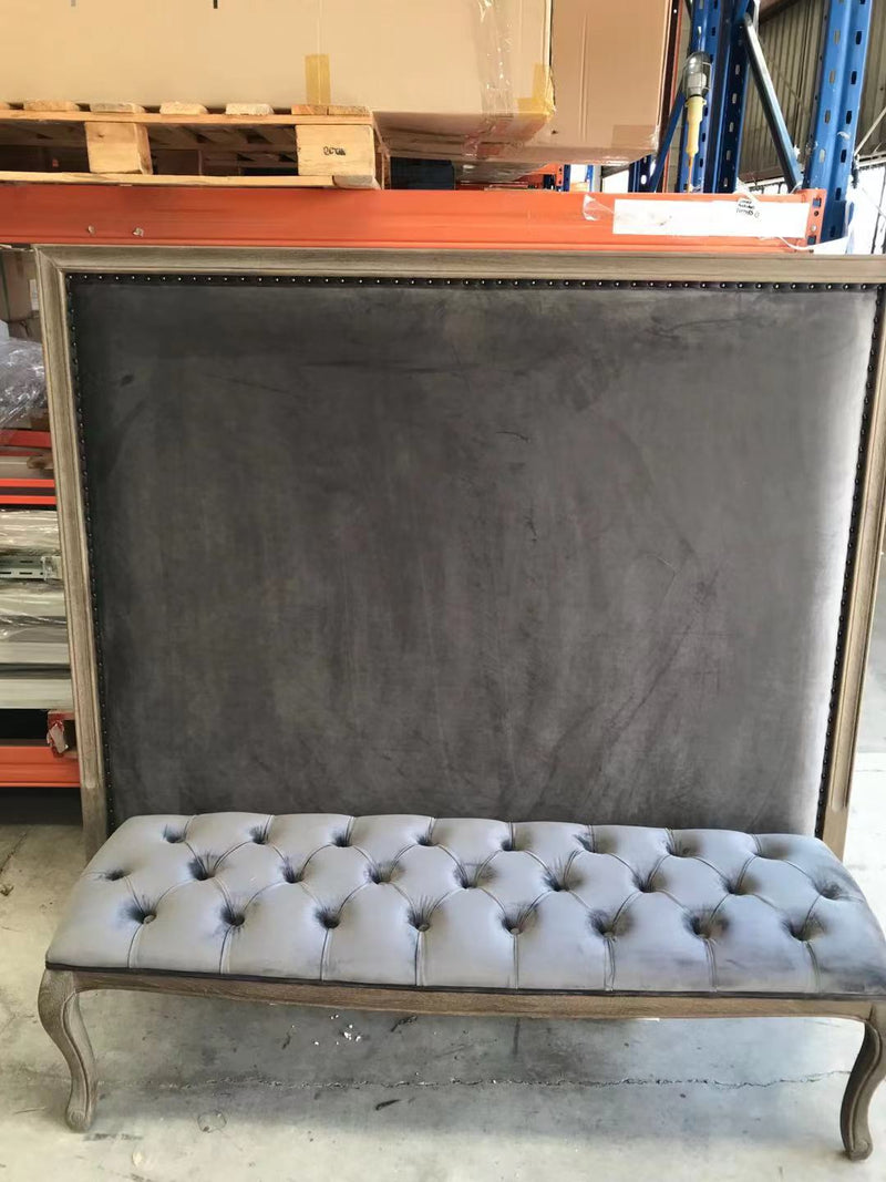 Queen/ French Country Oak Headboard 150cm H / Charcoal Velvet