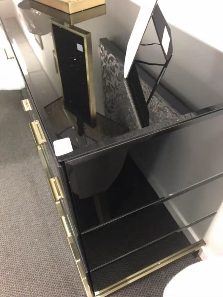 Mercury Black Glass and Antique Brass 3 Drawer Chest