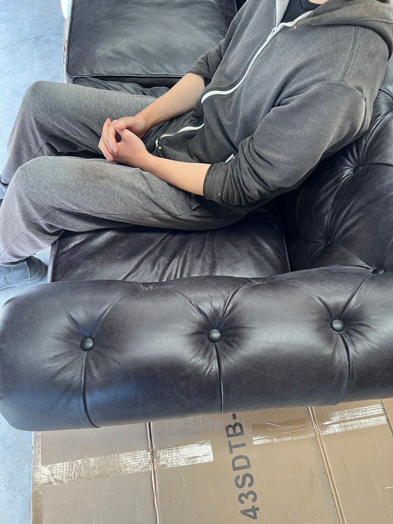Last One ! Top Grain Leather Chesterfield 2 Seater Sofa- Black