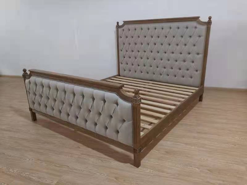 French Country Oak Frame Upholstered Button SuperKing Size Bed