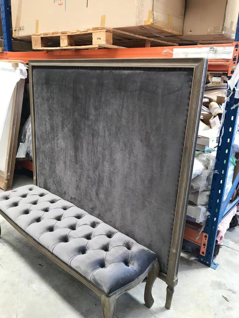 French Country OAK Bench / Charcoal Velvet