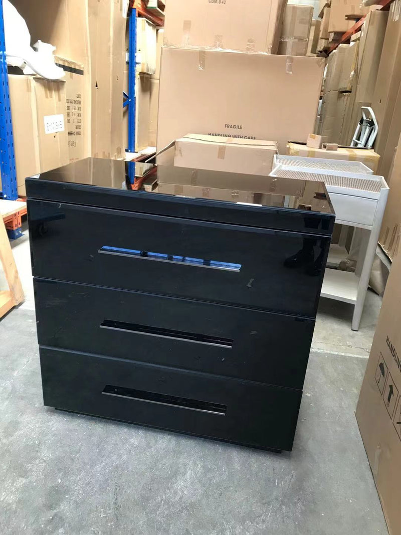 MERCURY BLACK GLASS AND ANTIQUE BRASS HARDWARE 3 DRAWER CHEST