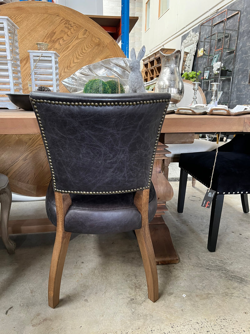 Top Grain Leather French Dining Chair /Oak Legs - Black