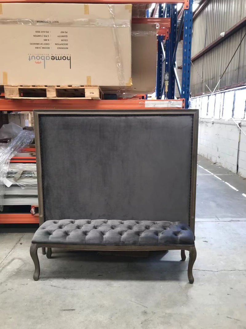 Queen/ French Country Oak Headboard 150cm H / Charcoal Velvet
