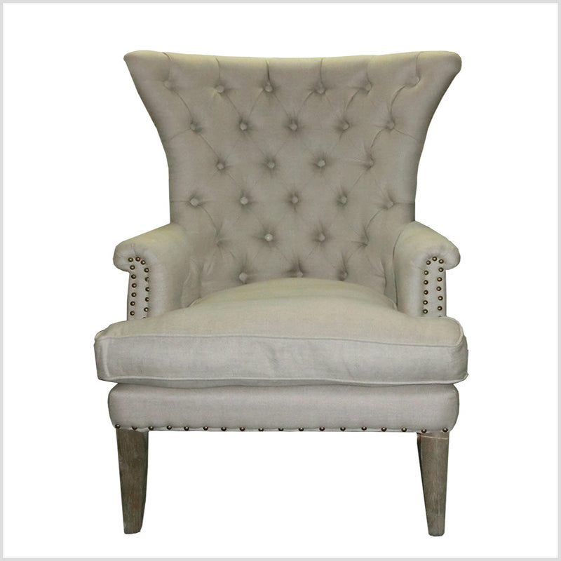 Tufted Washed Hemp Wing Back Arm Chair/ Beige Linen