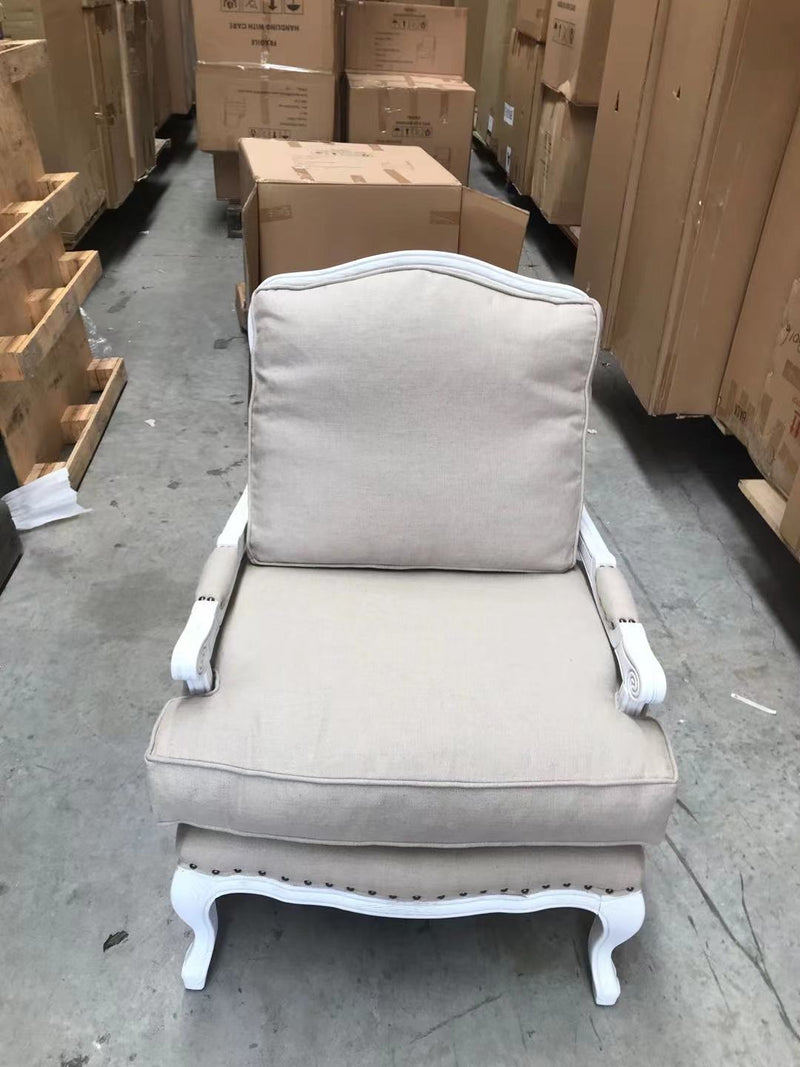 SASHA French Style Bergere Armchair/ White OAK/ Rattan/ Beige