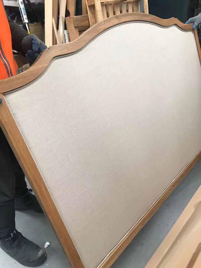 Queen/ French Villa Beige Linen Buttoned Headboard Oak frame