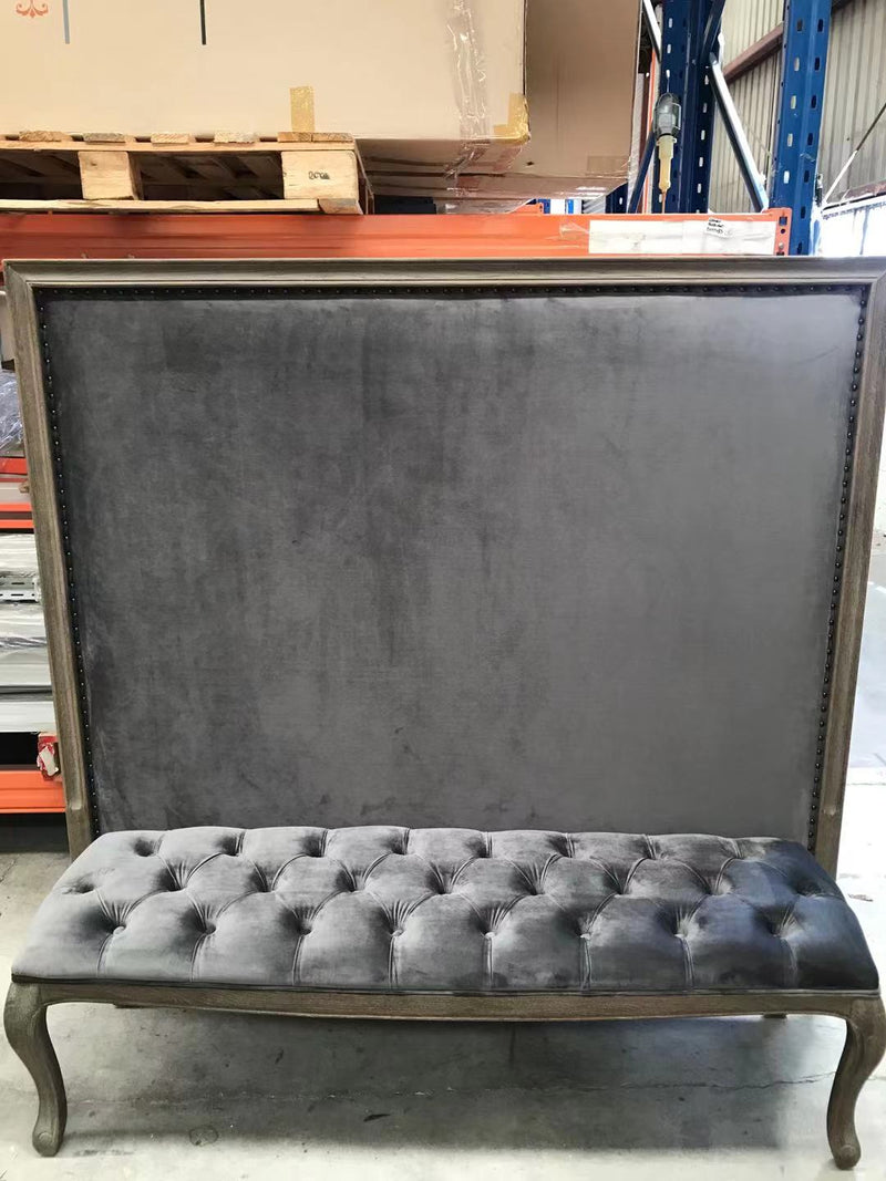 French Country OAK Bench / Charcoal Velvet