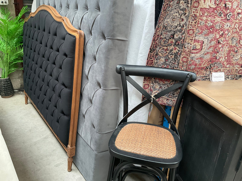 Superking/French Villa Black Linen Button Headboard/OAK Frame