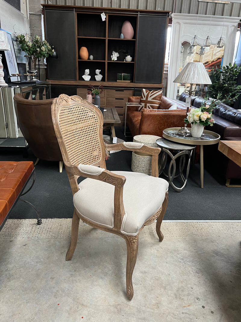 French Provincial Oak Rattan Back Dining Arm Chair