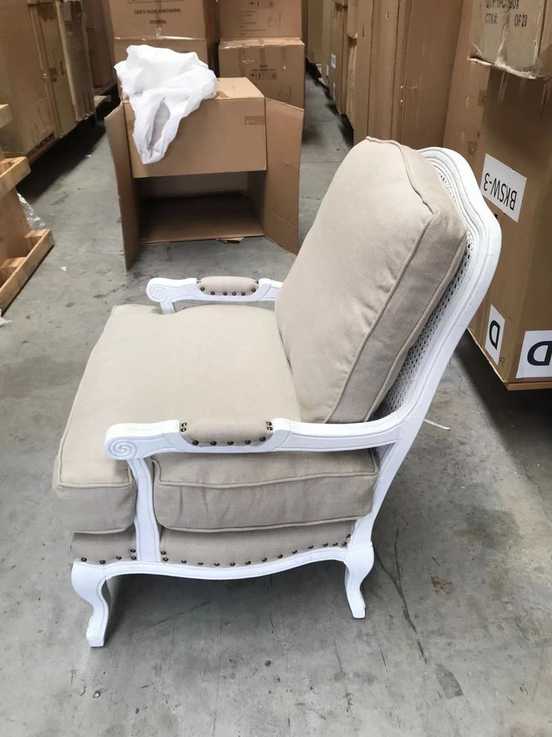 SASHA French Style Bergere Armchair/ White OAK/ Rattan/ Beige