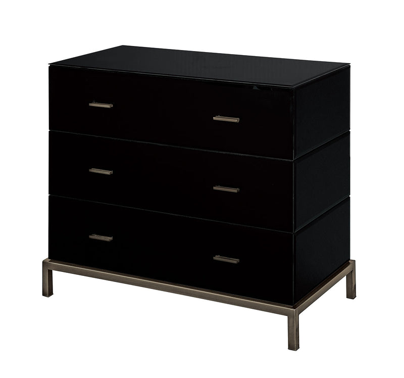 Mercury Black Glass and Antique Brass 3 Drawer Chest