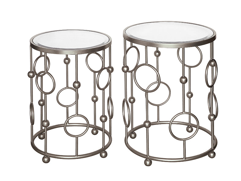 Halcyon Brushed Metalic Silver Circles And Mirror Accent Tables