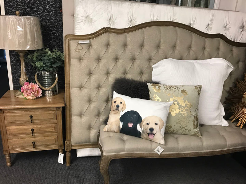 Superking/French Villa Beige Linen Button  Headboard/Oak frame