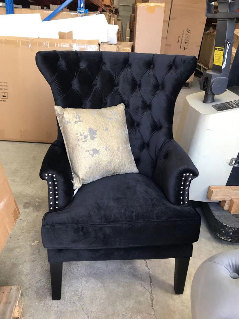 Tufted Washed Hemp Wing Back Arm Chair/ Black velvet
