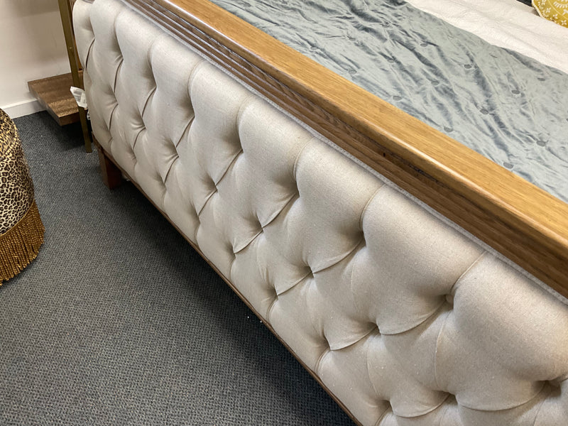 French Country Oak Frame Upholstered Button SuperKing Size Bed