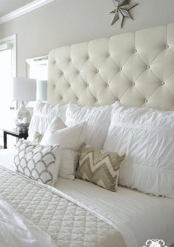 King/ Buttoned Pearl White Velvet 150cm H Headboard