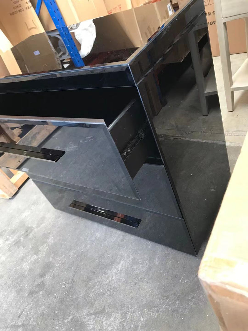 MERCURY BLACK GLASS AND ANTIQUE BRASS HARDWARE 3 DRAWER CHEST